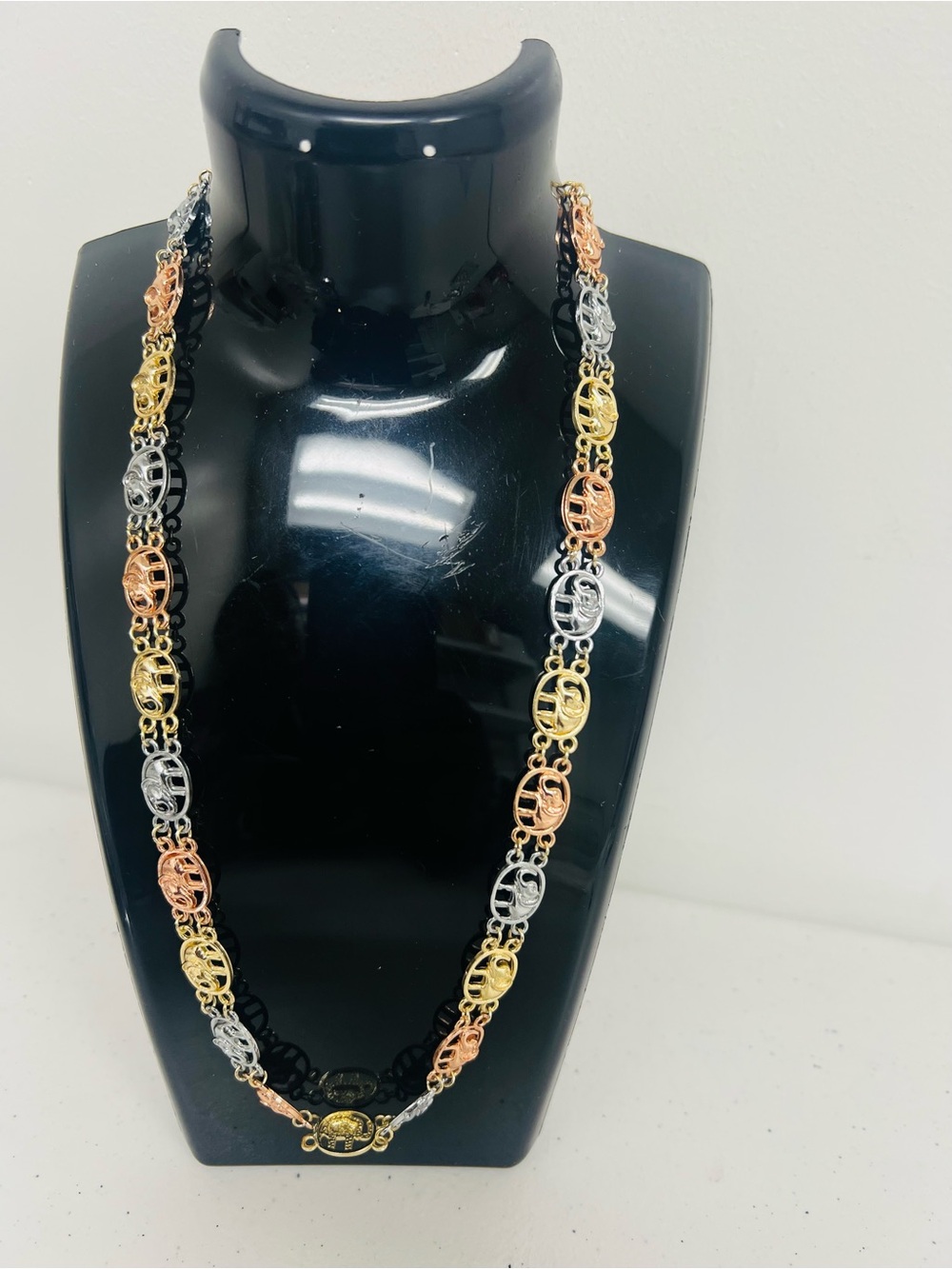 Tri-Tone Linked Medallion Necklace - Gold, Rose Gold & Silver #0015